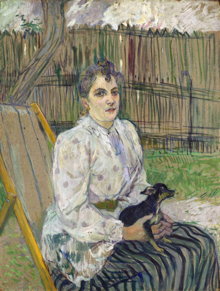 Lady with a Dog,개를 데리고 있는 여인,Henri de Toulouse-Lautrec,앙리 드 툴루즈 로트렉,오일 페인팅,오일 페인팅, 여자 1명, 좌석, 울타리, 독주, 새