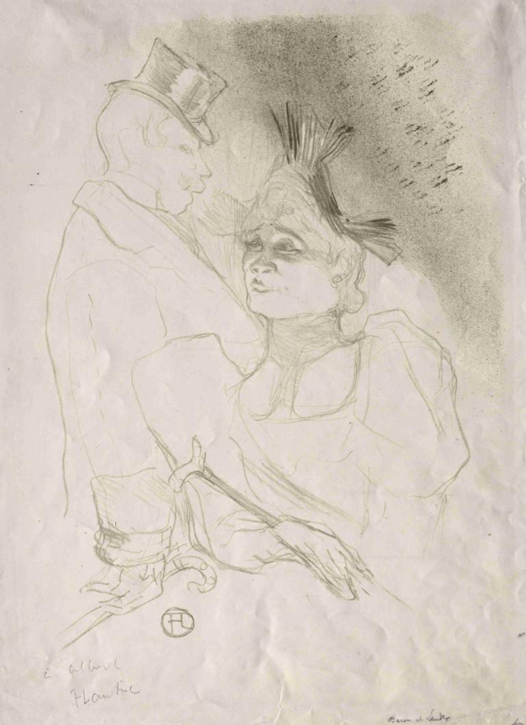 Lender and Baron,대금업자와 남작,Henri de Toulouse-Lautrec,앙리 드 툴루즈 로트렉,스케치,스케치, 단색화, 전통 미디어, 모자, 흑연 (중), 지팡이, 스케치