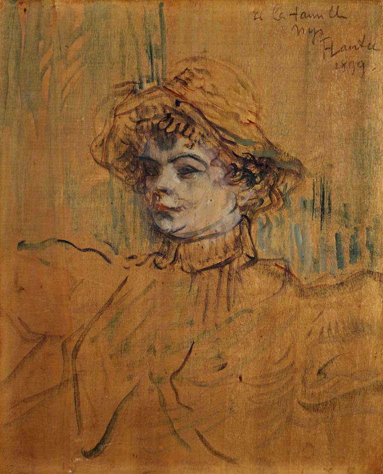 Mademoiselle Nys,奈斯小姐,Henri de Toulouse-Lautrec,亨利-德-图卢兹-劳特累克,彩色素描,彩色素描, 独奏, 1个女孩, 帽子, 传统媒体, 高领毛衣, 上半身, 短发