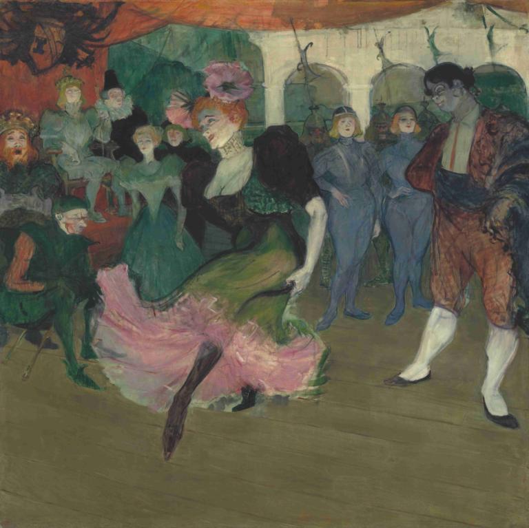 Marcelle Lender Dancing the Bolero,马塞尔-伦德跳波莱罗舞,Henri de Toulouse-Lautrec,亨利-德-图卢兹-劳特累克,油画,油画, 多个女孩, 多个男孩, 裙子