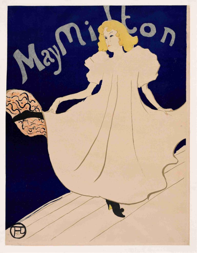 May Milton,梅-米尔顿,Henri de Toulouse-Lautrec,亨利-德-图卢兹-劳特累克,插画,插画, 1个女孩, 金头发, 裙子, 独奏, 白色礼服, 裙子固定, 回头看, 黑色鞋类, 短发