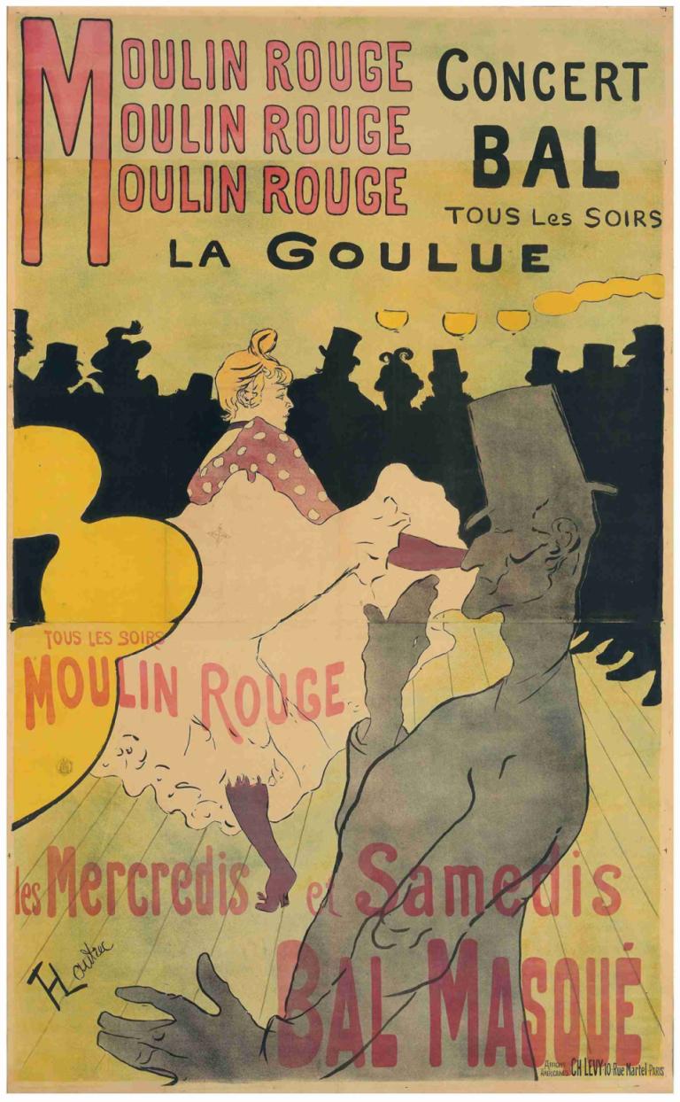 Moulin Rouge, La Goulue,红磨坊，La Goulue,Henri de Toulouse-Lautrec,亨利-德-图卢兹-劳特累克,插画,插画, 1个女孩, 戏仿, 裙子, 英文文本, 1男孩