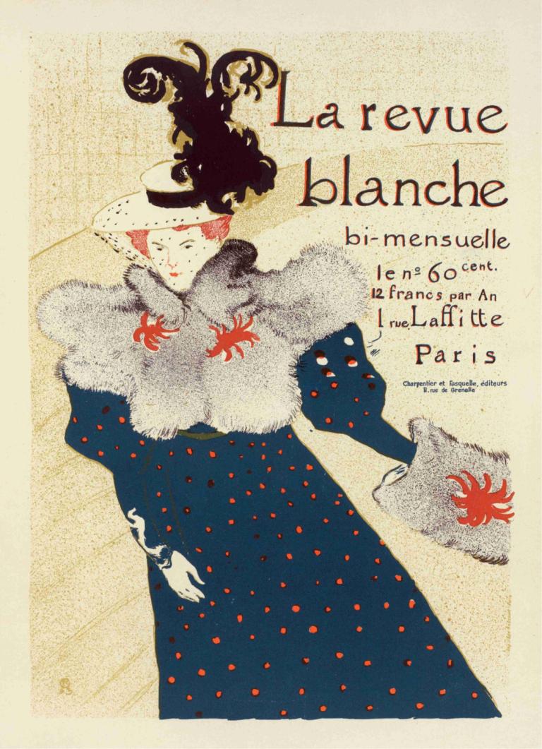 Revue Blanche,布兰奇剧团,Henri de Toulouse-Lautrec,亨利-德-图卢兹-劳特累克,插画,插画, 1个女孩, 帽子, 独奏, 英文文本, 裙子, 花, 闭着眼睛, 长袖, 蓝色连衣裙