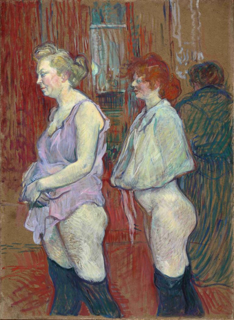 Rue des Moulins,穆兰街,Henri de Toulouse-Lautrec,亨利-德-图卢兹-劳特累克,油画,油画, 金头发, 高抬腿, 多个女孩, 2个女孩, 传统媒体, 无底的