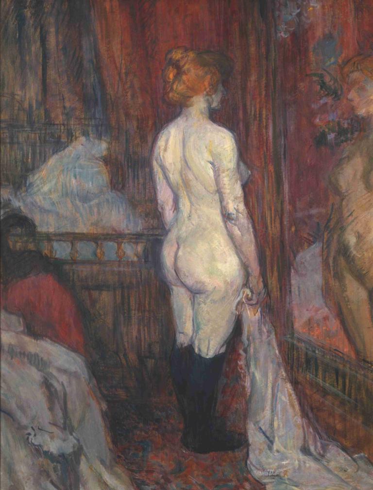 Woman before a Mirror,Henri de Toulouse-Lautrec,Oil Painting,Oil Painting, 1girl, ass, nude, breasts, solo