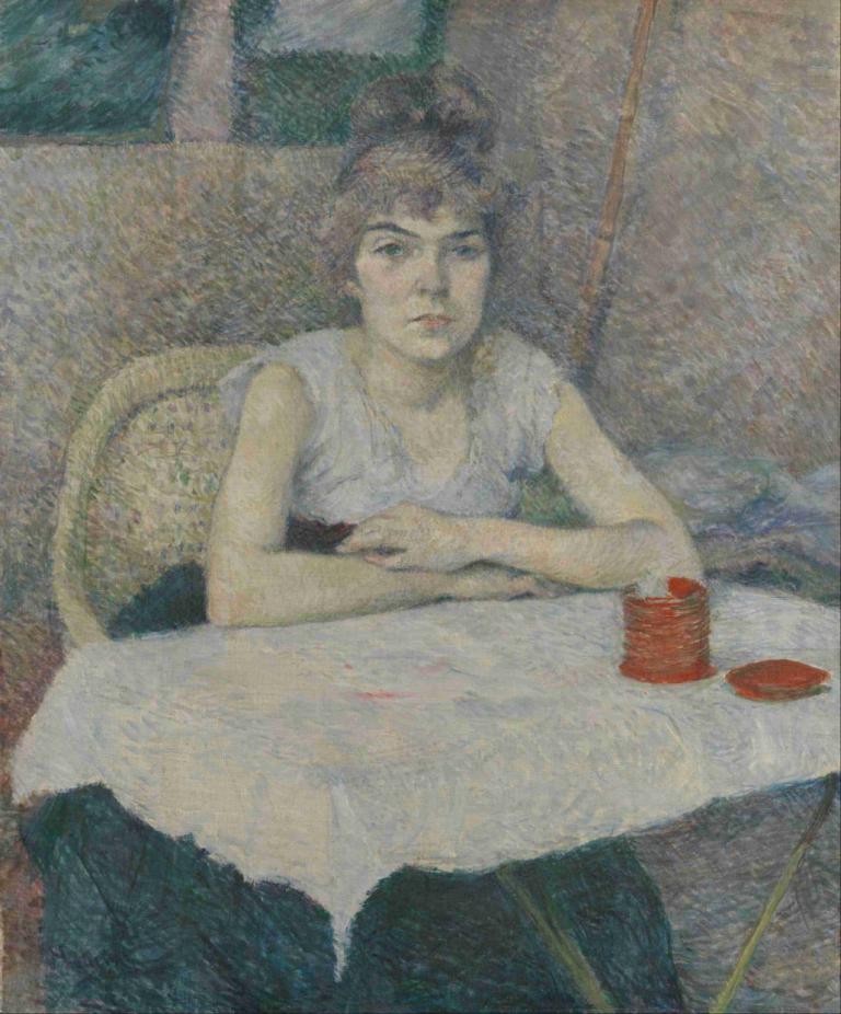 Young woman at a table, 'Poudre de riz',Henri de Toulouse-Lautrec,Oil Painting,Oil Painting, 1girl, solo