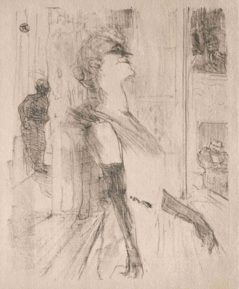 Yvette Guilbert  Sur la scène,Henri de Toulouse-Lautrec,Sketch,Sketch, monochrome, elbow gloves, gloves