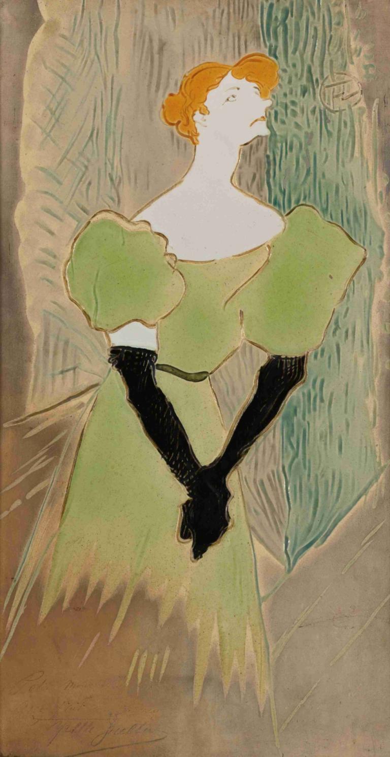 Yvette Guilbert,Henri de Toulouse-Lautrec,Illustration,Illustration, 1girl, solo, dress, gloves, black gloves