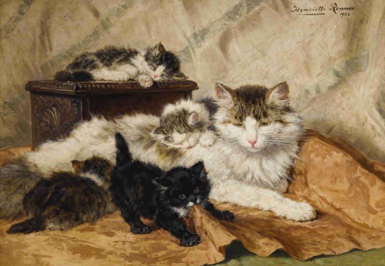 A Mother And Her Kittens,Henriëtte Ronner-Knip,Oil Painting,Oil Painting, no humans, cat, animal focus