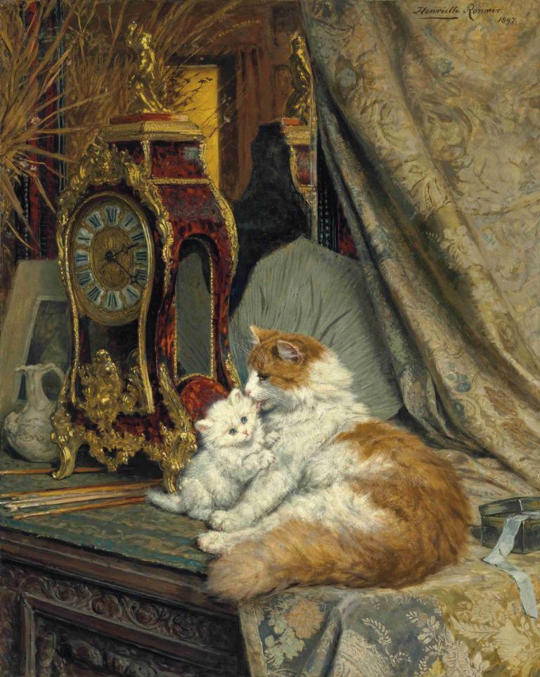 A Mother Cat and her Kitten with a Bracket Clock,Henriëtte Ronner-Knip,Oil Painting,Oil Painting, no humans