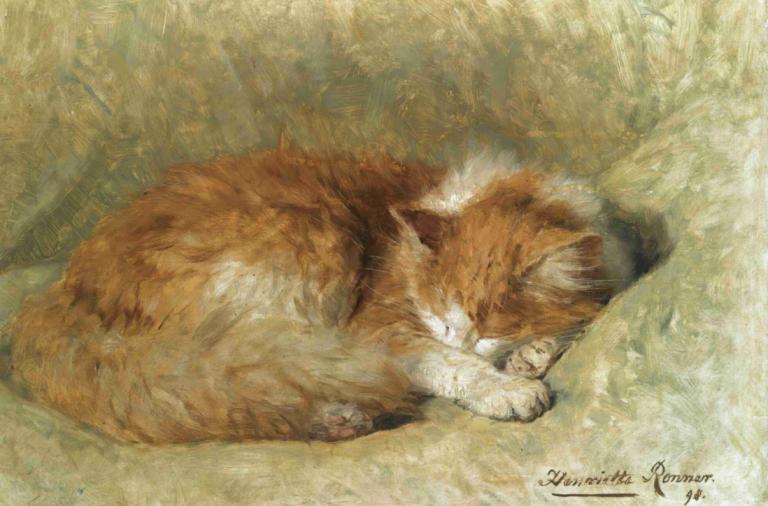 A sleeping cat,Henriëtte Ronner-Knip,Oil Painting,Oil Painting, sleeping, closed eyes, lying, nature, animal