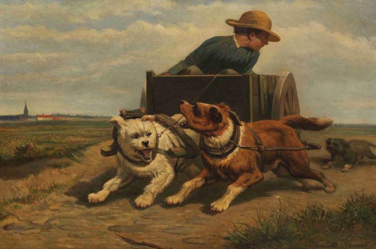 Boy with a dog cart,Henriëtte Ronner-Knip,Oil Painting,Oil Painting, outdoors, hat, dog, 1boy, cloud, grass