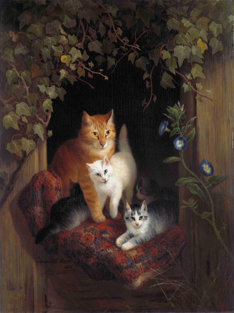 Cat with Kittens,Henriëtte Ronner-Knip,Oil Painting,Oil Painting, cat, no humans, flower, animal focus, plant