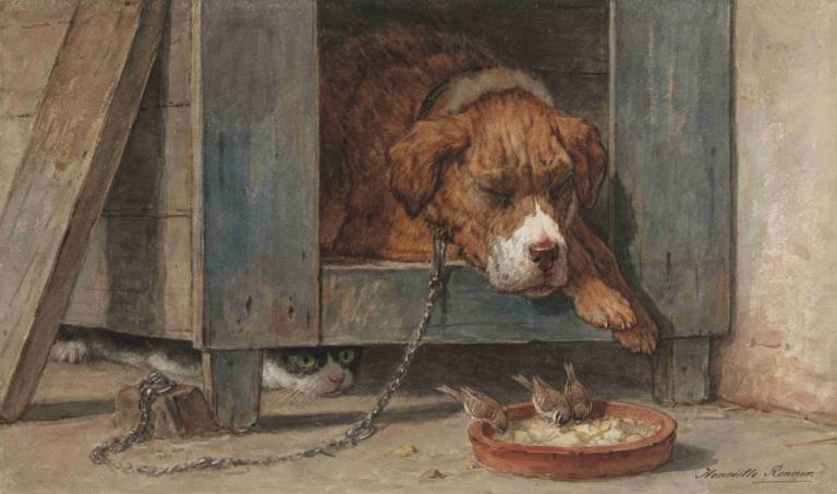 Kat bespiedt vogels bij een slapende hond,Kot obserwuje ptaki w pobliżu śpiącego psa,Henriëtte Ronner-Knip