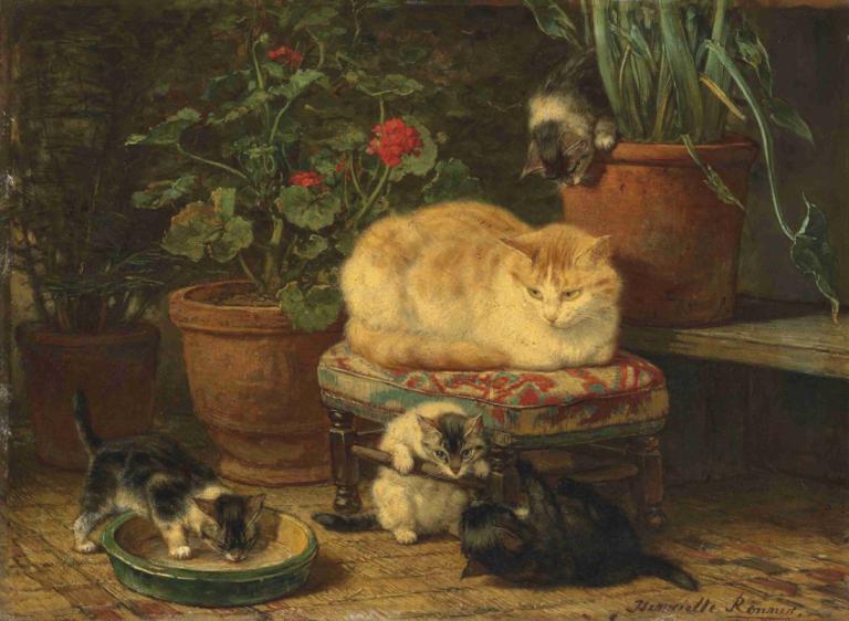 Kittens At Play,Con mèo đang chơi.,Henriëtte Ronner-Knip,Henry Longer-Knip.,Tranh sơn dầu,Tranh sơn dầu