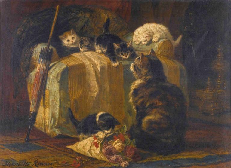 Kittens At Play,Con mèo đang chơi.,Henriëtte Ronner-Knip,Henry Longer-Knip.,Tranh sơn dầu,Tranh sơn dầu