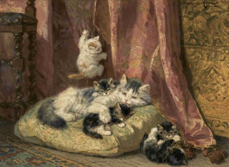 Kittens at Play,Henriëtte Ronner-Knip,Oil Painting,Oil Painting, no humans, cat, rug, carpet, animal focus