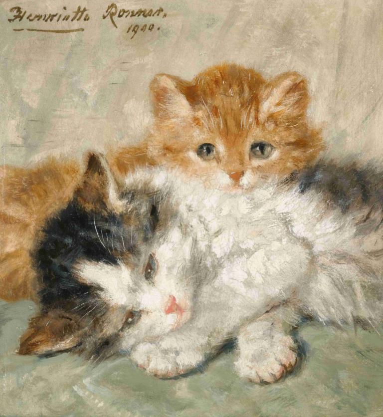 Sleepy Kittens,贪睡的小猫,Henriëtte Ronner-Knip,Henriette Ronner-Knip,油画,油画, 没有人类, 动物焦点, 猫, 动物, 传统媒体, 看着观众, 实际的, 说谎