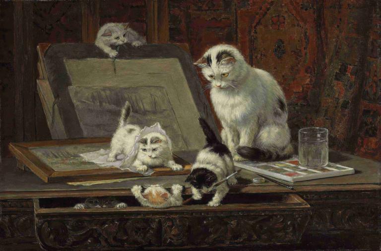 The Kitten's Art Lesson,小猫的艺术课,Henriëtte Ronner-Knip,Henriette Ronner-Knip,油画,油画, 没有人类, 猫, 美术模仿, 绘画（物体）, 在室内