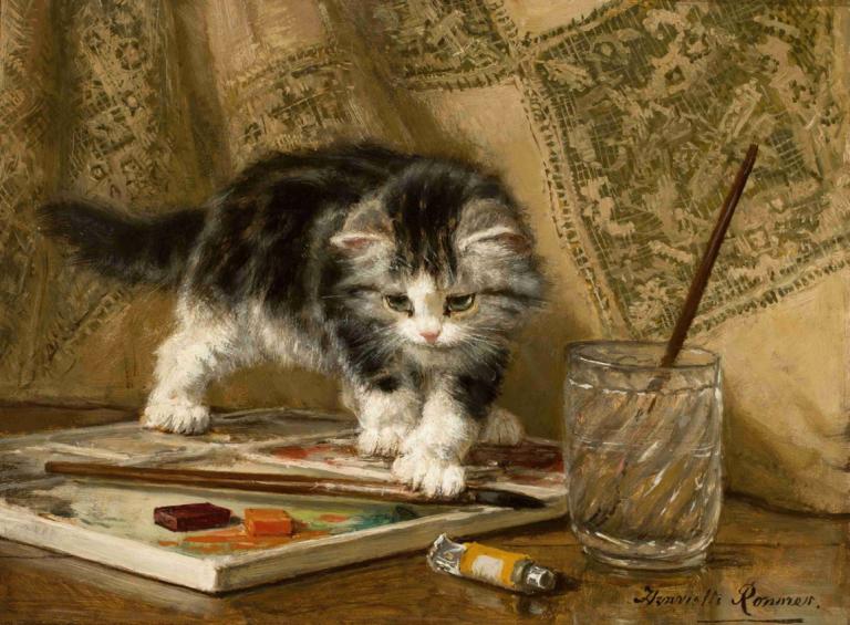 The Young Artist,青年艺术家,Henriëtte Ronner-Knip,Henriette Ronner-Knip,油画,油画, 没有人类, 猫, 实际的, 动物焦点, 签名, 传统媒体, 动物