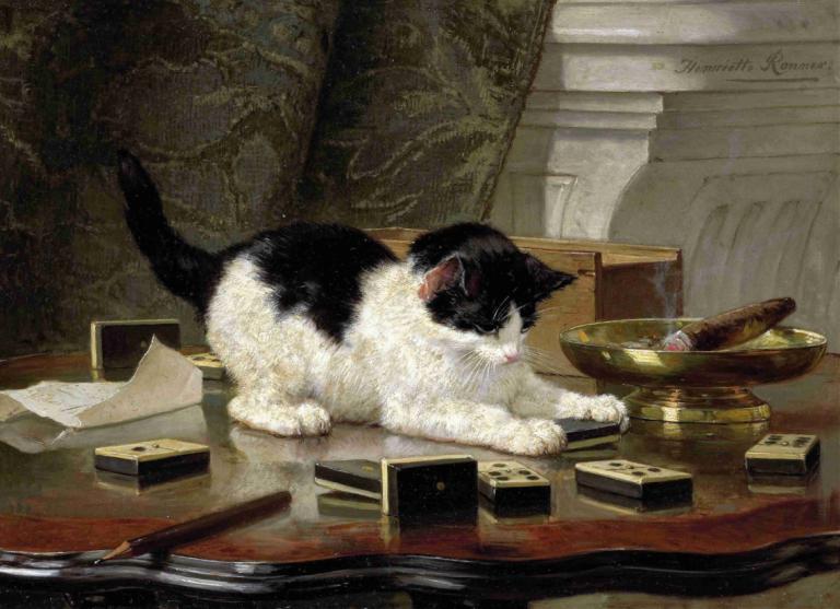 The cat at play,玩耍的猫咪,Henriëtte Ronner-Knip,Henriette Ronner-Knip,油画,油画, 没有人类, 猫, 实际的, 动物焦点, 传统媒体, 动物, 在室内