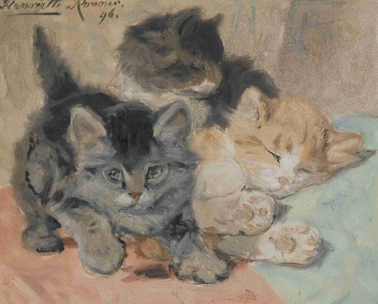 Three Kittens,三只小猫,Henriëtte Ronner-Knip,Henriette Ronner-Knip,油画,油画, 没有人类, 动物焦点, 猫, 睡眠, 动物, 闭着眼睛, 说谎, 传统媒体