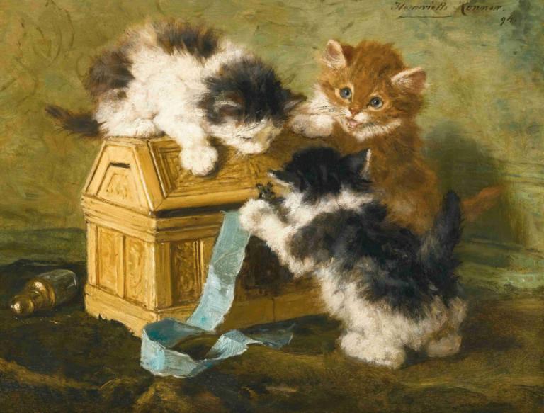 Three Kittens With A Casket And Blue Ribbon,三只小猫与棺材和蓝丝带,Henriëtte Ronner-Knip,Henriette Ronner-Knip,油画,油画