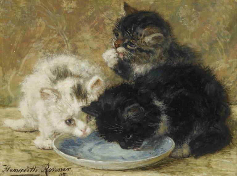 Three kittens,三只小猫,Henriëtte Ronner-Knip,Henriette Ronner-Knip,油画,油画, 没有人类, 实际的, 盘子, 动物焦点, 猫, 动物, 传统媒体, 签名