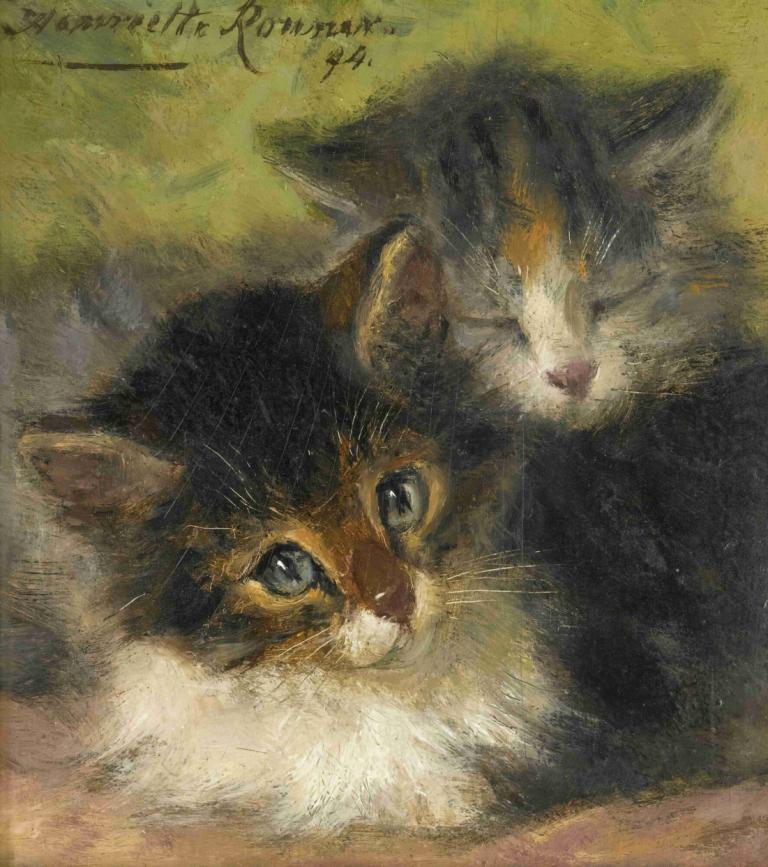 Two Kittens,两只小猫,Henriëtte Ronner-Knip,Henriette Ronner-Knip,油画,油画, 没有人类, 动物焦点, 猫, 传统媒体, 实际的, 动物, 看着观众, 胡须