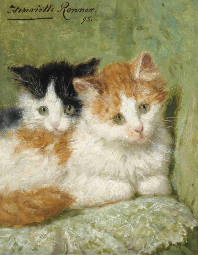 Two Kittens Sitting On A Cushion,两只小猫坐在垫子上,Henriëtte Ronner-Knip,Henriette Ronner-Knip,油画,油画, 猫, 没有人类, 动物焦点