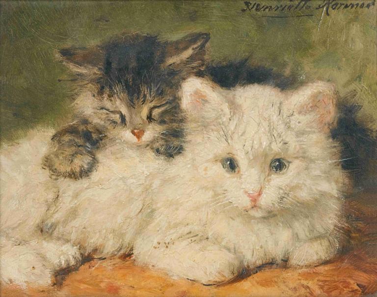 Two Kittens,两只小猫,Henriëtte Ronner-Knip,Henriette Ronner-Knip,油画,油画, 没有人类, 猫, 动物焦点, 动物, 传统媒体, 实际的, 闭着眼睛, 签名, 说谎