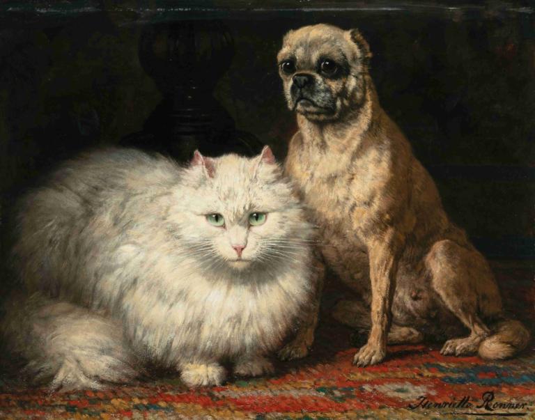 Two friends,两位朋友,Henriëtte Ronner-Knip,Henriette Ronner-Knip,油画,油画, 没有人类, 动物焦点, 动物, 绿眼睛, 猫, 实际的, 传统媒体, 看着观众