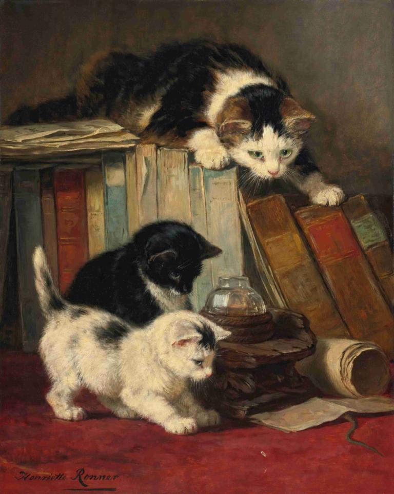 Watching The Prey,观察猎物,Henriëtte Ronner-Knip,Henriette Ronner-Knip,油画,油画, 没有人类, 猫, 动物焦点, 书, 实际的, 动物, 签名, 传统媒体