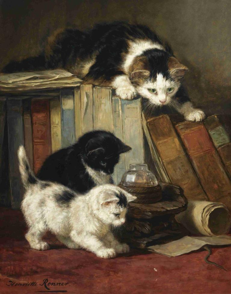 Watching the prey,观察猎物,Henriëtte Ronner-Knip,Henriette Ronner-Knip,油画,油画, 没有人类, 猫, 实际的, 动物焦点, 签名, 传统媒体, 动物, 书