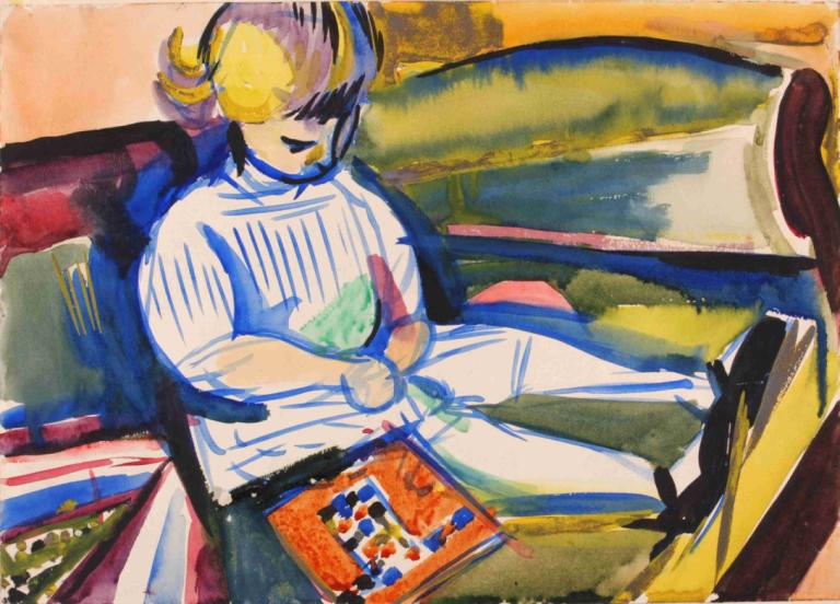 Child on Sofa,Bambino sul divano,Henry Lyman Saÿen,Pittura ad olio,Pittura ad olio, assolo, seduta, 1 ragazzo