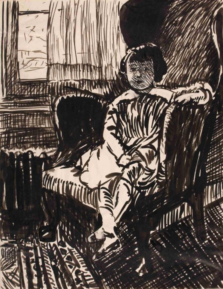 Untitled (Girl Seated in Chair),Henry Lyman Saÿen,Copperplate Etching,Copperplate Etching, monochrome, solo