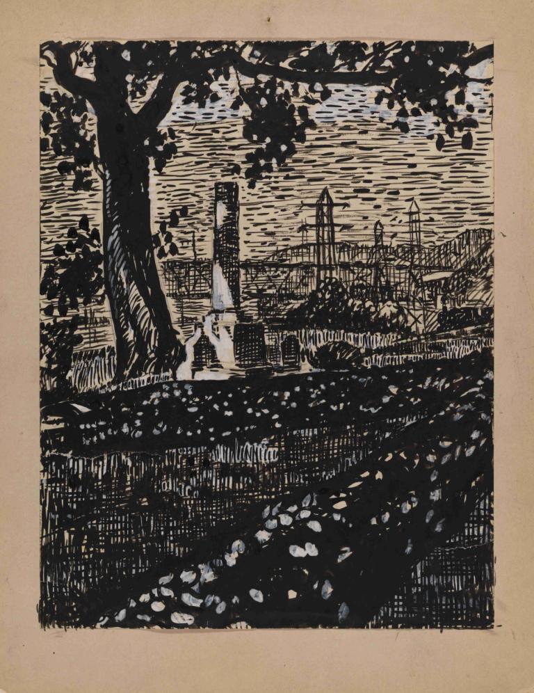 Untitled II,Unbenannt II,Henry Lyman Saÿen,Kupferstich,Kupferstich, Baum, einfarbig, Solo, draußen, 1Mädchen