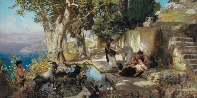 At the Fountain,Henryk Siemiradzki,Oil Painting,Oil Painting, multiple boys, tree, outdoors, water, scenery