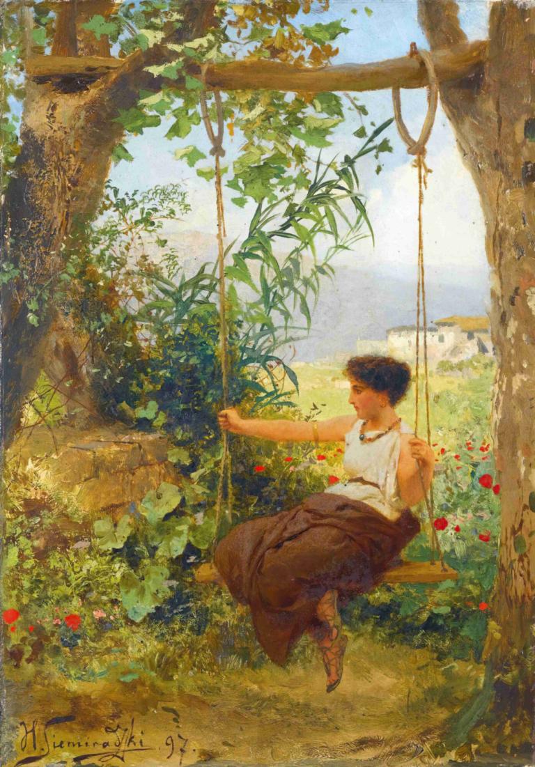 GIRL ON A SWING,PIGE PÅ GYNGE,Henryk Siemiradzki,Oliemaleri,Oliemaleri, svinge, 1 dreng, udendørs