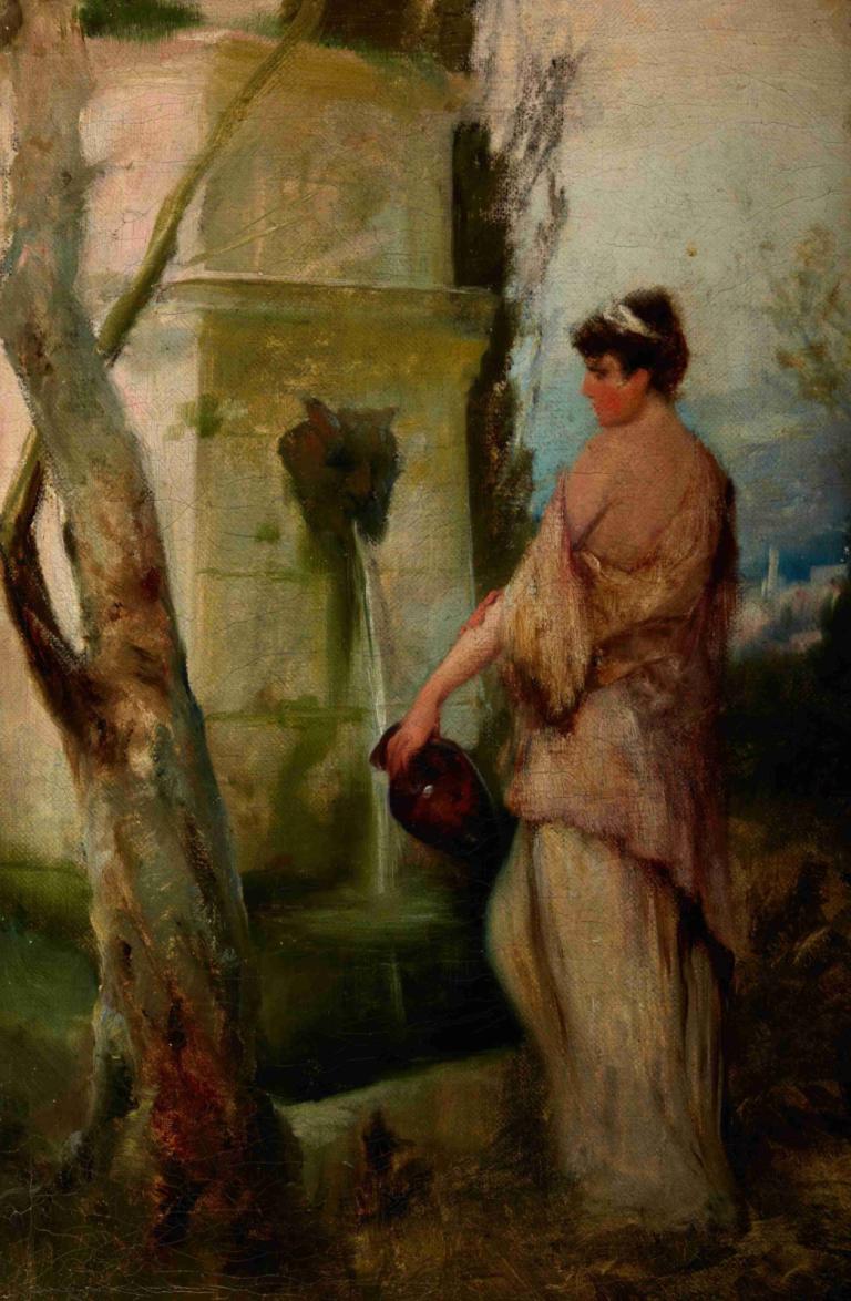 Girl at the Well,Henryk Siemiradzki,Oil Painting,Oil Painting, 1boy, male focus, solo, black hair