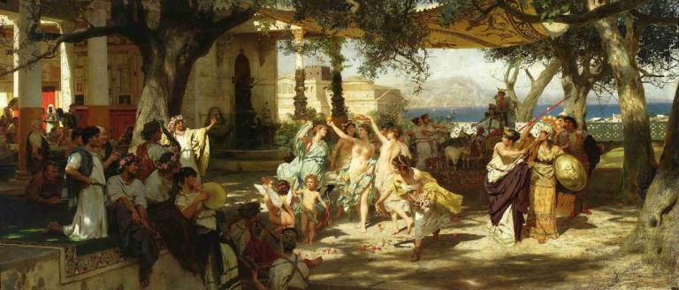 Judgement Of Paris,Henryk Siemiradzki,Oil Painting,Oil Painting, multiple girls, multiple boys, 6+boys, tree