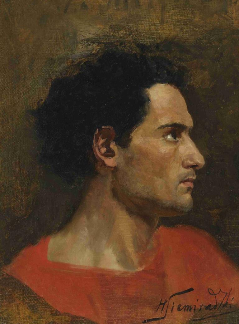 Man in profile,Henryk Siemiradzki,Oil Painting,Oil Painting, solo, 1boy, male focus, black hair, profile