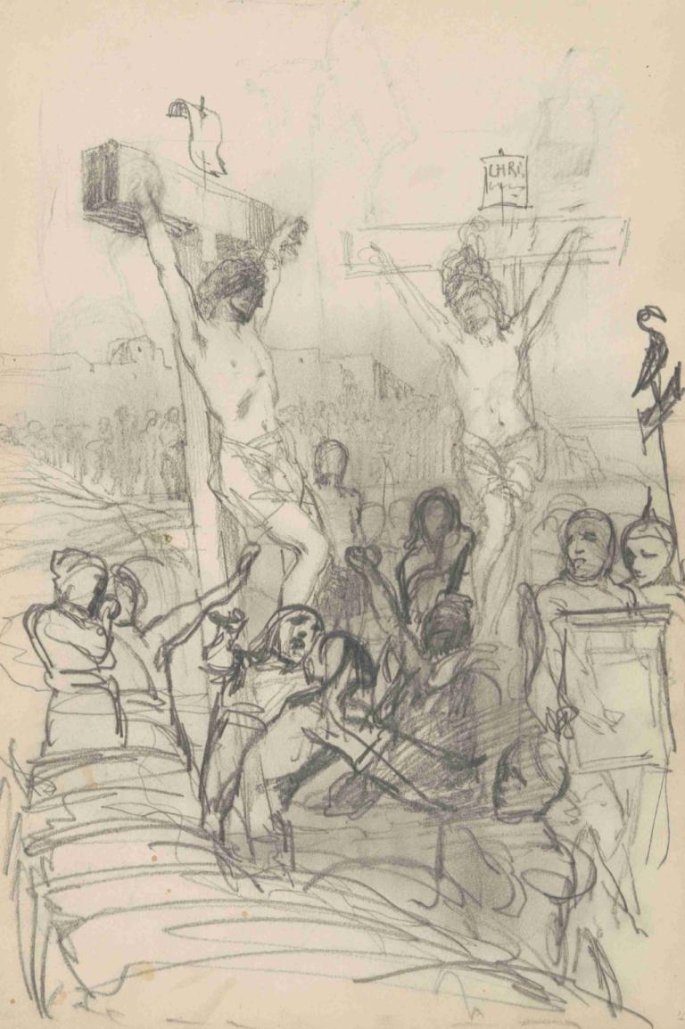 szkic do obrazu 'Golgota',Henryk Siemiradzki,Sketch,Sketch, sketch, multiple girls, multiple boys, monochrome