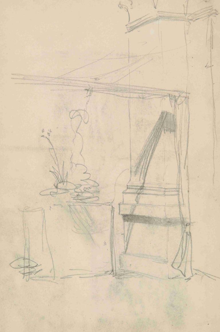 szkic wnętrza z filarem i podpiętą kotarą,Henryk Siemiradzki,Sketch,Sketch, monochrome, flower, sketch, vase