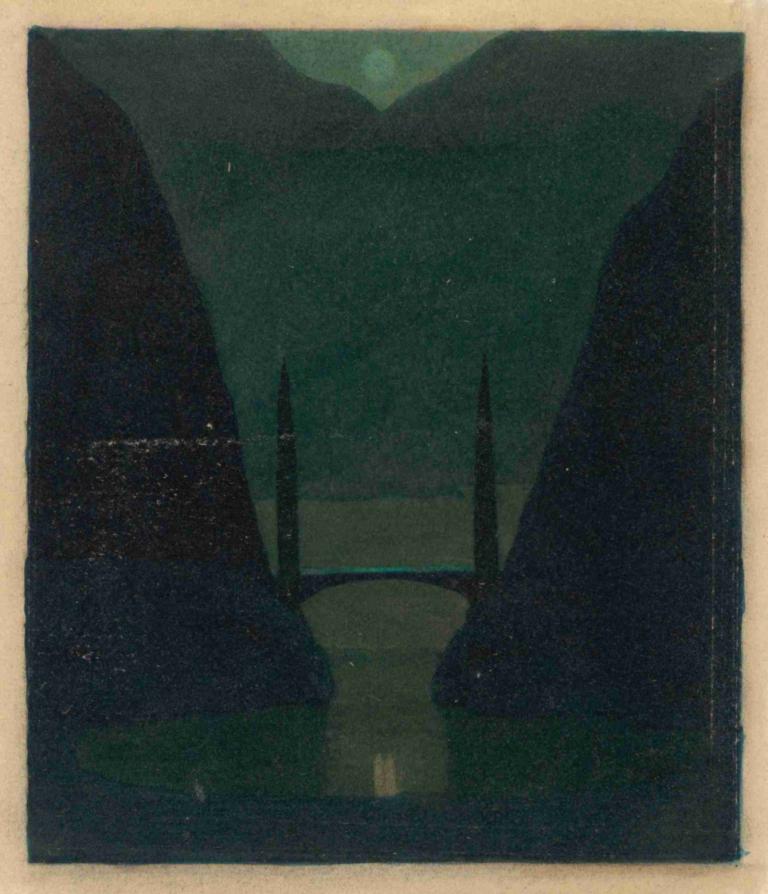 A Bridge in a Mountainous Landscape,Herbert Crowley,Illustration,Illustration, no humans, border, solo, sky