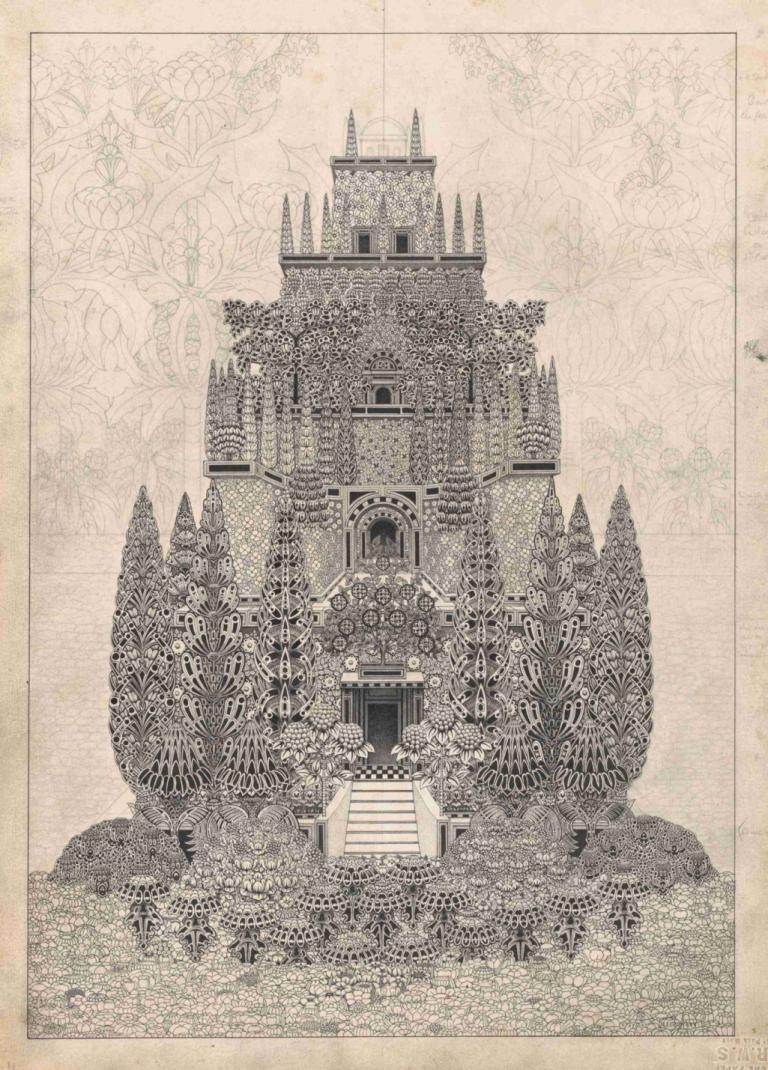 A Fantastic Tiered Structure,Herbert Crowley,Copperplate Etching,Copperplate Etching, no humans, tree