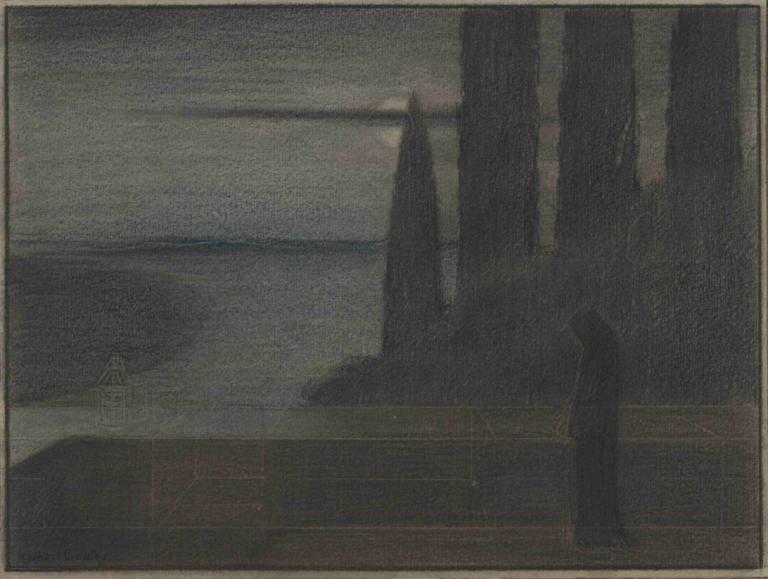 A Hooded Figure in a Landscape,Herbert Crowley,Copperplate Etching,Copperplate Etching, solo, tree, 1girl