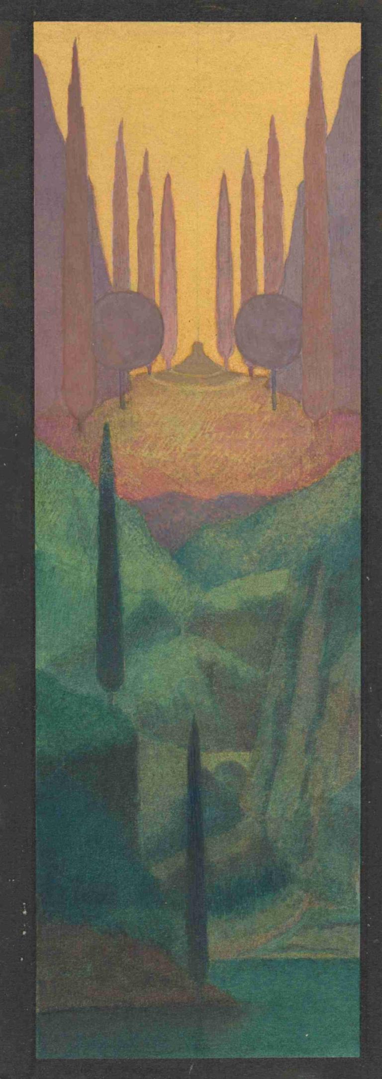 A Monument in a Mountainous Landscape,Herbert Crowley,Illustration,Illustration, outdoors, tree, nature