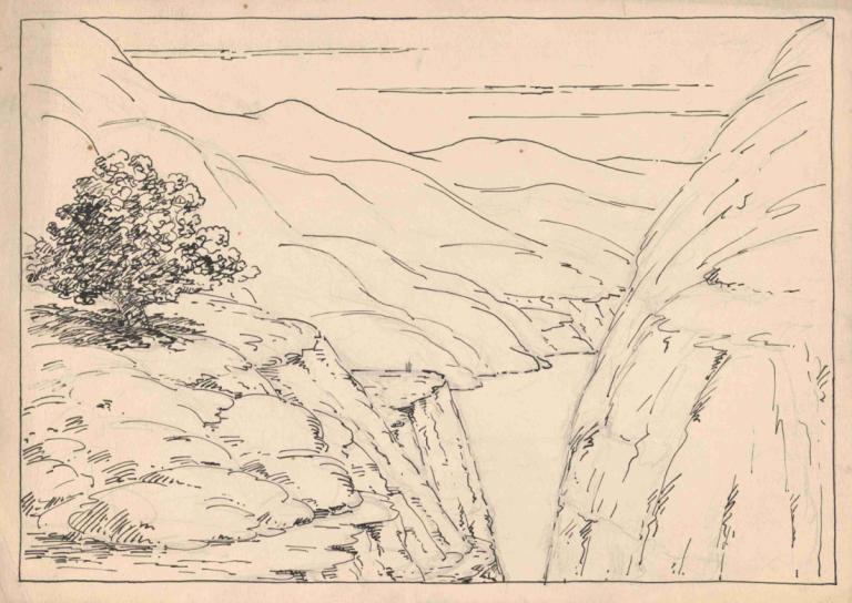 A River Landscape with Steep Cliffs,Herbert Crowley,Copperplate Etching,Copperplate Etching, no humans