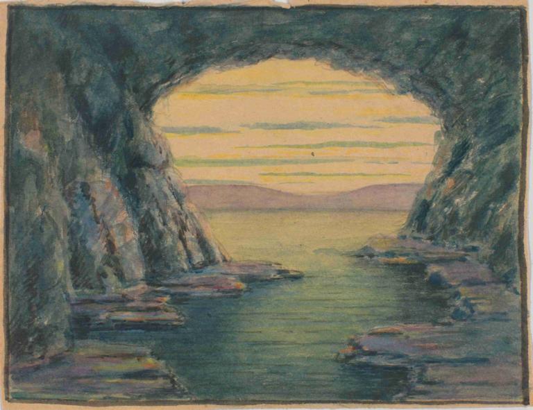 A Seaside Cave,Herbert Crowley,Oil Painting,Oil Painting, no humans, outdoors, border, rock, scenery